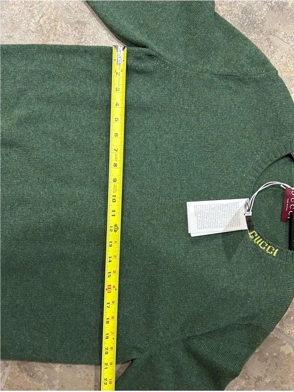 Men’s Gucci, green felted wool crewneck gold logo sweater size XXL made in Italy